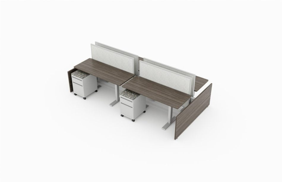 4-Person work area, which include a solid panel for some privacy between workstations on each side. Mobile pedestal drawers are underneath each seating, with metal storage drawers and shelves placed at the end. It is rendered on a white background. Model is EPB534.