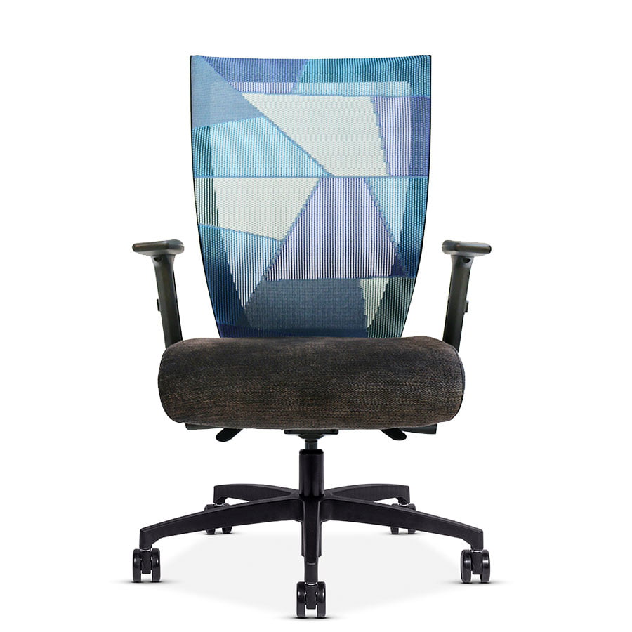 Front view of a Run II office chair with plush grey cushion and blue patchwork style mesh back.