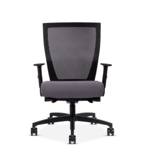 Front view of a Run II mesh back office chair with grey cushion.