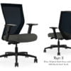 Composite image of a Run II high-back chair, front and back. It has a dark grey seat cushion seat, adjustable arms, and a black mesh back.