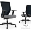 Composite image of a Run II high-back chair, front and back. It has a grey check pattern on the seat cushion, and a black mesh back.