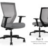 Composite image of a Run II high-back chair, front and back. It has a grey check pattern on the seat, adjustable arms, and a grey mesh back.
