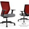 Composite image of a Run II high-back chair, front and back. It has a grey check pattern on the seat, adjustable arms, and a red mesh back.