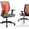 Composite image of a Run II high-back chair, front and back. It has a grey check pattern on the seat, adjustable arms, and an orange patchwork mesh back.