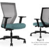 Composite image of a Run II high-back chair, front and back. It has a cushion with a blue dotted pattern, adjustable arms, and grey mesh back.
