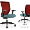 Composite image of a Run II high-back chair, front and back. It has a cushion with a blue dotted pattern, adjustable arms, and red mesh back.