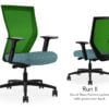 Composite image of a Run II high-back chair, front and back. It has a cushion with a blue dotted pattern, adjustable arms, and green mesh back.