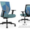 Composite image of a Run II high-back chair, front and back. It has a cushion with a blue dotted pattern, adjustable arms, and blue patchwork mesh back.