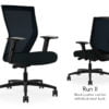 Composite image of a Run II high-back chair, front and back. It has a black leather cushion seat, adjustable arms, and black mesh back.