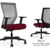 Composite image of a Run II high-back chair, front and back. It has a red leather cushion seat, adjustable arms, and grey mesh back.