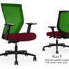 Composite image of a Run II high-back chair, front and back. It has a red leather cushion seat, adjustable arms, and green mesh back.