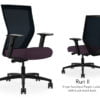Composite image of a Run II high-back chair, front and back. It has a dark purple cushion seat, adjustable arms, and black mesh back.