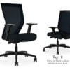 Composite image of a Run II high-back chair, front and back. It has a black cushion seat, adjustable arms, and black mesh back.