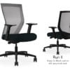 Composite image of a Run II high-back chair, front and back. It has a black cushion seat, adjustable arms, and grey mesh back.