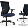 Composite image of a Run II high-back chair, front and back. It has a dark blue cushion seat, adjustable arms, and black mesh back.