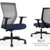 Composite image of a Run II high-back chair, front and back. It has a dark blue cushion seat, adjustable arms, and grey mesh back.