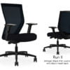Composite image of a Run II high-back chair, front and back. It has a black PVC cushion, adjustable arms, and black mesh back.
