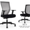Composite image of a Run II high-back chair, front and back. It has a black PVC cushion, adjustable arms, and grey mesh back.
