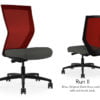 Composite image of a Run II high-back chair, front and back. It has a dark grey cushion seat and red mesh back.