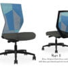 Composite image of a Run II high-back chair, front and back. It has a dark grey cushion seat and blue patchwork mesh back.