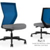 Composite image of a Run II high-back chair, front and back. It has a grey check pattern on the seat cushion, and a blue mesh back.