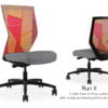 Composite image of a Run II high-back chair, front and back. It has a grey check pattern on the seat cushion, and an orange patchwork mesh back.