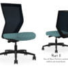 Composite image of a Run II high-back chair, front and back. It has a cushion with a blue dotted pattern, and black mesh back.