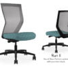 Composite image of a Run II high-back chair, front and back. It has a cushion with a blue dotted pattern, and grey mesh back.