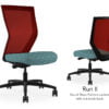 Composite image of a Run II high-back chair, front and back. It has a cushion with a blue dotted pattern, and red mesh back.