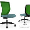 Composite image of a Run II high-back chair, front and back. It has a cushion with a blue dotted pattern, and green mesh back.
