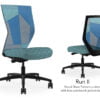 Composite image of a Run II high-back chair, front and back. It has a cushion with a blue dotted pattern, and a blue patchwork mesh back.