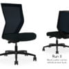 Composite image of a Run II high-back chair, front and back. It has a black leather cushion seat, and black mesh back.