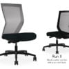 Composite image of a Run II high-back chair, front and back. It has a black leather cushion seat, and grey mesh back.