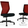 Composite image of a Run II high-back chair, front and back. It has a black leather cushion seat, and red mesh back.