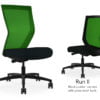 Composite image of a Run II high-back chair, front and back. It has a black leather cushion seat, and green mesh back.