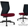 Composite image of a Run II high-back chair, front and back. It has a red leather cushion seat, and black mesh back.