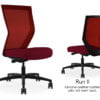 Composite image of a Run II high-back chair, front and back. It has a red leather cushion seat, and red mesh back.