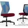 Composite image of a Run II high-back chair, front and back. It has a red leather cushion seat, and a blue patchwork mesh back.