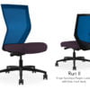 Composite image of a Run II high-back chair, front and back. It has a deep amethyst cushion seat and blue mesh back.