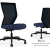 Composite image of a Run II high-back chair, front and back. It has a dark blue cushion seat and black mesh back.