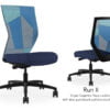 Composite image of a Run II high-back chair, front and back. It has a dark blue cushion seat and blue patchwork mesh back.