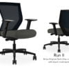 Composite image of a Run II mid-back chair, front and back. It has a dark grey cushion seat, adjustable arms, and black mesh back.