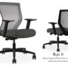 Composite image of a Run II mid-back chair, front and back. It has a dark grey cushion seat, adjustable arms, and grey mesh back.