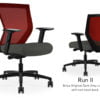 Composite image of a Run II mid-back chair, front and back. It has a dark grey cushion seat, adjustable arms, and red mesh back.