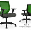 Composite image of a Run II mid-back chair, front and back. It has a dark grey cushion seat, adjustable arms, and green mesh back.