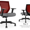 Composite image of a Run II mid-back chair, front and back. It has a grey check cushion seat, adjustable arms, and red mesh back.
