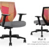 Composite image of a Run II mid-back chair, front and back. It has a grey check cushion seat, adjustable arms, and orange patchwork mesh back.