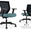 Composite image of a Run II mid-back chair, front and back. It has a blue dotted pattern cushion seat, adjustable arms, and black mesh back.