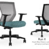 Composite image of a Run II mid-back chair, front and back. It has a blue dotted pattern cushion seat, adjustable arms, and grey mesh back.