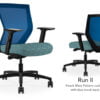 Composite image of a Run II mid-back chair, front and back. It has a blue dotted pattern cushion seat, adjustable arms, and blue mesh back.